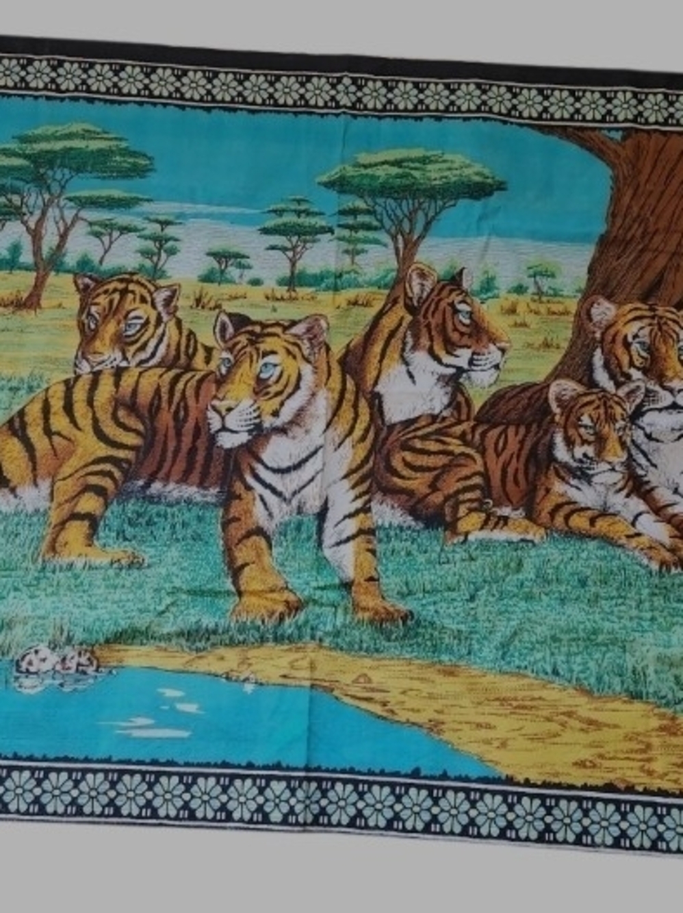 Vintage 1970s Asian Tiger Family Wall Tapestry Rug - Retro Boho Decor -53”x36”